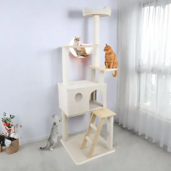SEVOBAL Pet Tower Wooden Cat Tree with Spacious Condo, Transparent Spacecraft, Multi-Level Playground for Large Cats, White, 20.67"*12.4"*20.87" image {1}