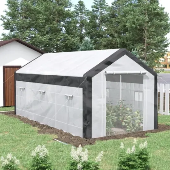 Outsunny 20' x 10' x 9' Walk-In Greenhouse, Outdoor Gardening Canopy with 6 Roll-up Windows, 2 Zippered Doors & Weather Cover, White image {2}