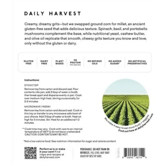 Daily Harvest Organic Frozen Gluten Free Spinach and Shiitake Grits Harvest Bowl - 9oz image {6}