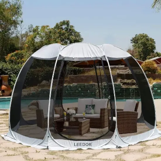 Leedor Outdoor Pop Up Portable Screen Tent with Mesh Netting Fiberglass Gazebo Gray image {8}