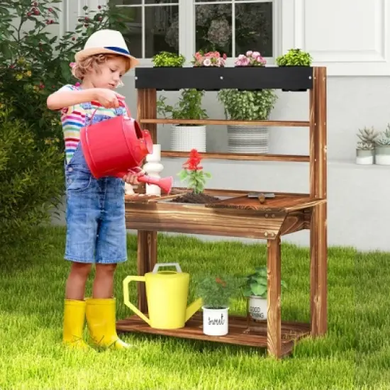 Tangkula Kids Potting Bench Wooden Toy Gardening Center w/ Removable Sink & Chalkboard image {3}