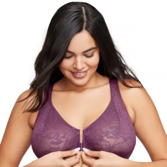 Glamorise Womens Lacey T-Back Front-Closure WonderWire Underwire  Bra 9246 Black Plum image {2}