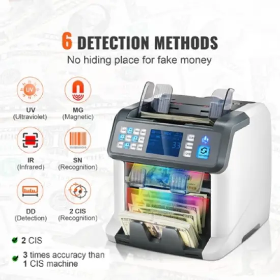VEVOR Money Counter Machine, Bill Counter with Mixed Denomination, 2CIS, SN, UV, IR, MG, DD Counterfeit Detection, Multi Currency, Value Counting image {2}