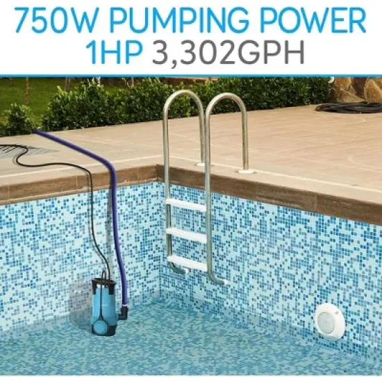 SereneLife Electric Submersible Water Pump - 750W, 3302 GPH, Auto Float Switch, Blue image {2}