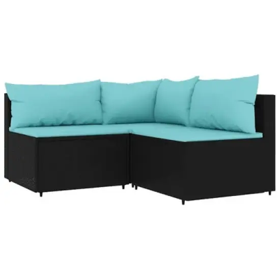 vidaXL Patio Lounge Set Black with water blue cushions image {2}