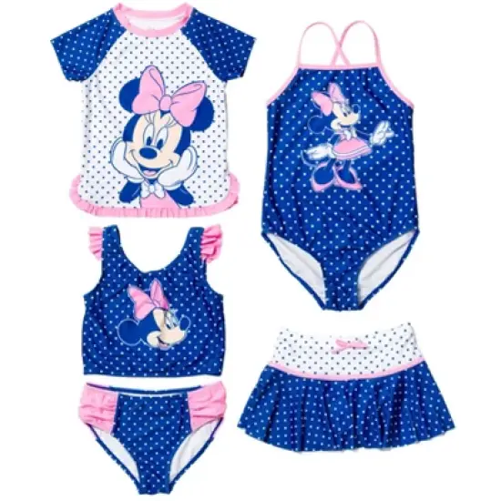 Mickey Mouse & Friends Minnie Mouse Girls One Piece Bathing Suit Bikini Top Rash Guard Modest Swimsuit Skirt and Bottom 5 Set Toddler image {10}