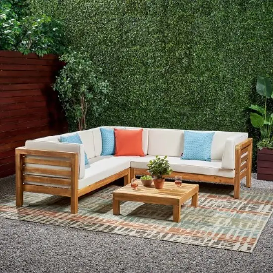 Oana 4pc Acacia Wood Patio Sectional Chat Set w/ Cushions - Christopher Knight Home image {6}