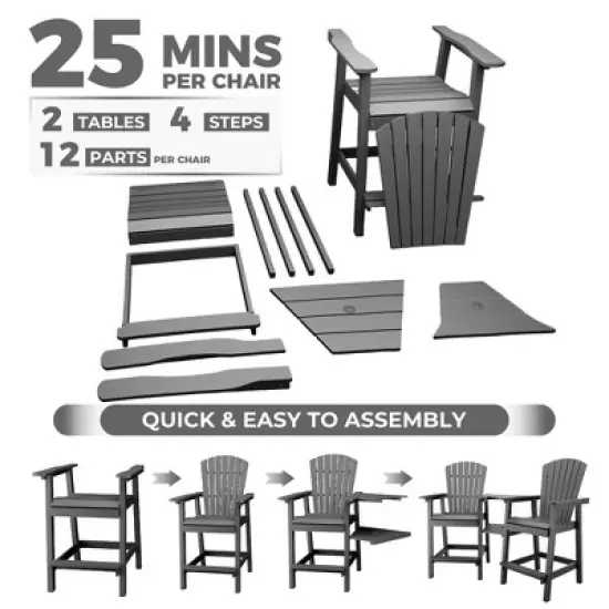 Patio HDPE Adirondack Chairs, Outdoor Tall Seating, for Deck, Balcony, Backyard, Patio Bar Stool Chair, Gray image {7}