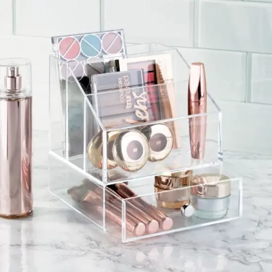 Clarity Cosmetic Palette Organizer with Drawer for Vanity or Cabinet to Hold Makeup, Beauty Products, Hair Accessories - 3 Compartments - Clear image {6}