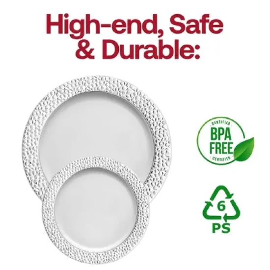 Smarty Had A Party 7.5" White w/ Silver Hammered Rim Plastic Salad Plates - 120 pcs image {4}