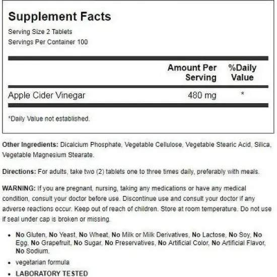 American Health Apple Cider Vinegar 200 Tabs image {1}