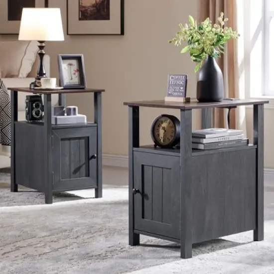 2 PCS Nightstand with Charging Station & Barn Door & Open Shelves，Farmhouse End Table for Bedroom, Living Room image {6}