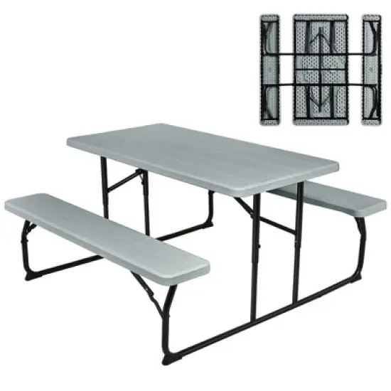 Costway Folding Picnic Table & Bench Set for Camping BBQ w/ Steel Frame White/Balck image {12}