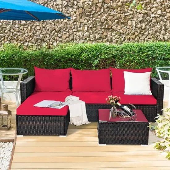 5PCS Patio Rattan Furniture Set Sectional Conversation Sofa w/ Coffee Table Red\ Navy image {10}