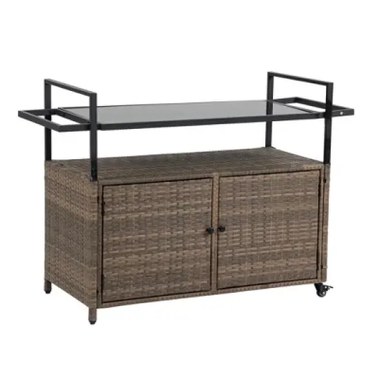 MOEPISY Outdoor Wicker Serving Carts, Patio Serving Cart with Wheels, Rolling Rattan Beverage Bar Counter Table image {5}