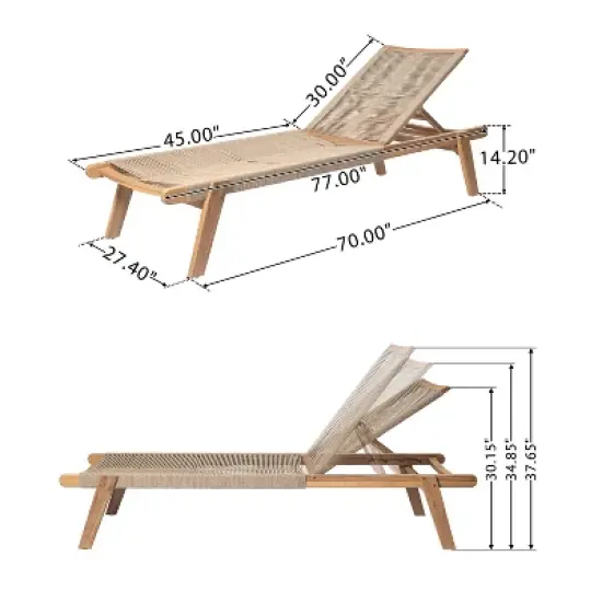 Christopher Knight Home Zane Rustic Outdoor Acacia Wood Chaise Lounge with Rope Seating (Set of 2), Teak/Beige image {2}