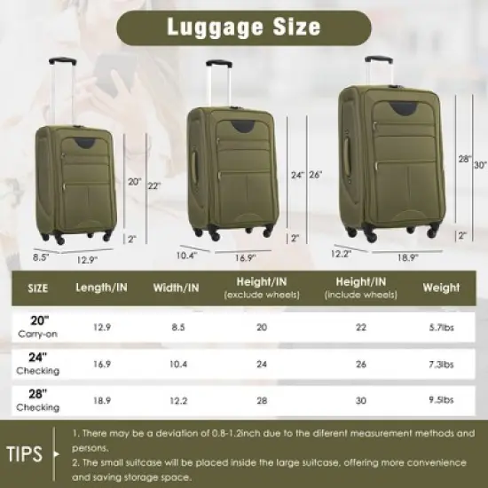 MAYEERTY 3 Piece Luggage Set Suitcase Upright Spinner Softshell Lightweight Luggage Travel Set Army Green image {5}