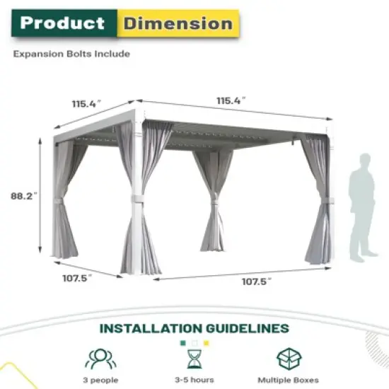 Erommy 10' x 10' Outdoor Louvered Pergola with Adjustable Aluminum Rainproof Roof with Curtains and Netting image {3}