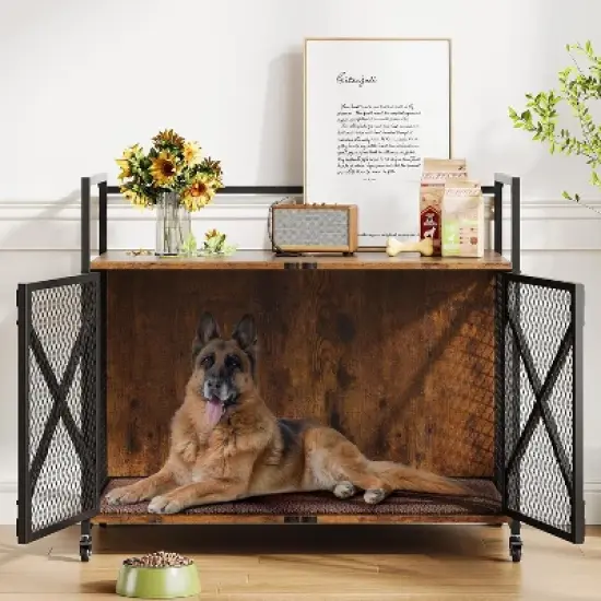 31"/41" Large Dog Crate Furniture, Indoor Wooden Dog Kennel with Wheels & Built-in Cushion, Stylish Dog House for Medium Large Dogs image {8}