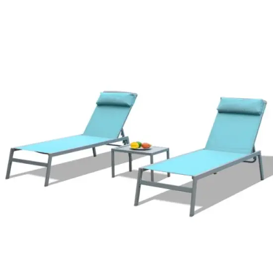 PAGED Outdoor Patio Chaise Lounge Chair, 3 Pieces Aluminum Adjustable Pool Lounge Chairs Textilene Sunbathing Recliner with Headrest, Grey image {8}