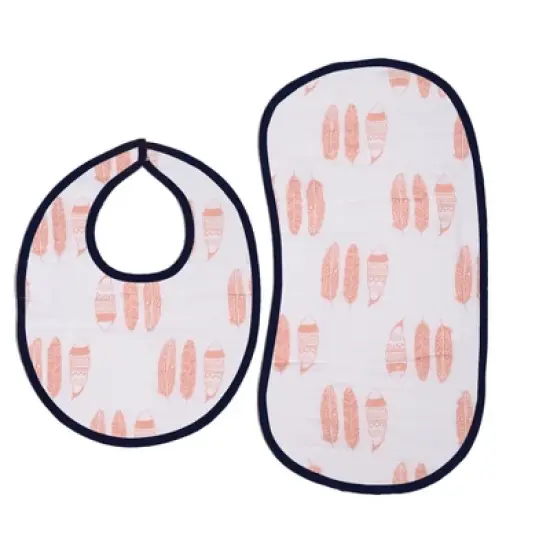 Bacati - Olivia Coral/Navy Feathers/Triangles Muslin 4 pc set of Bibs & Burp Cloths Set image {1}