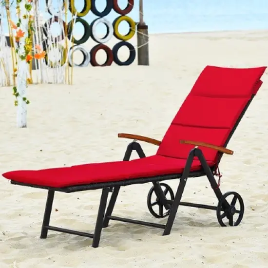 Costway Folding Patio Rattan Lounge Chair Cushioned Aluminum w/ Wheel image {9}