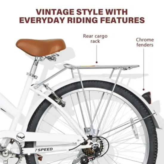 hykolity 26 inch Cruiser Bike Beach Bicycle City Bike Commuter Cycling 7 Speed for Adult Women Height 60-72 inch Front Basket Rear Rack Pale White image {2}