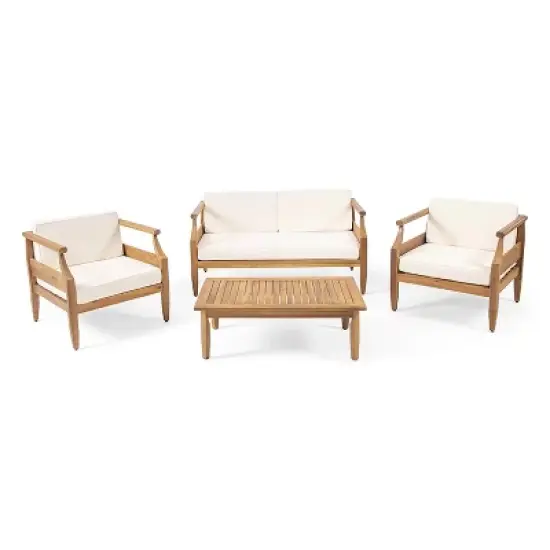 FIONECA Outdoor Mid-Century Modern 4-Seat Acacia Wood Chat Set with Loveseat, Coffee Table & Club Chairs, Teak Finish + Cream Cushion image {4}
