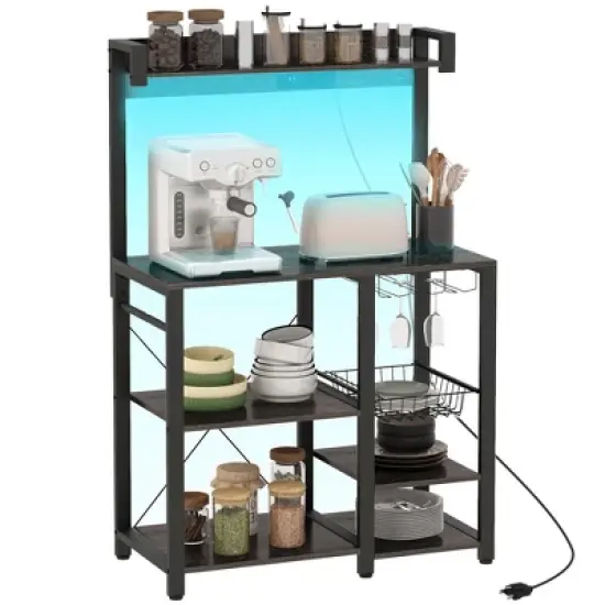 HOMCOM Kitchen Bakers Rack with Power Outlet and LED Lights, Microwave Stand, Coffee Bar with Metal Basket, Multiple Shelves and Glass Holders image {7}