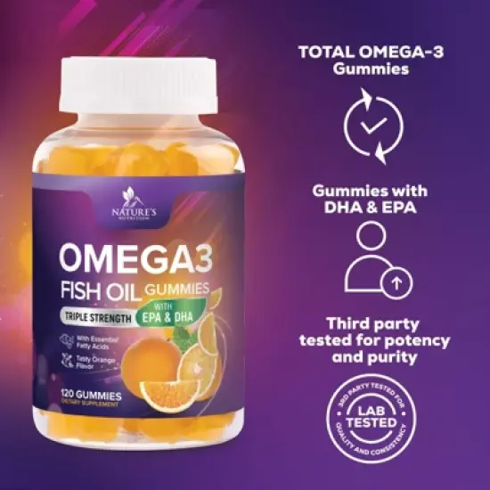 Omega-3 Gummies, Fish Oil Gummies for Adults & Kids, Vitamins, EPA & DHA Fish Oil Fatty Acids Gummy Supplement - 120 Gummies By Nature's Nutrition image {5}