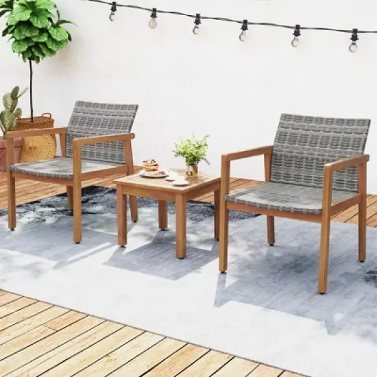 Tangkula 3 Pieces Patio Furniture Set PE Rattan Patio Bistro Set with Chairs & Coffee Table Outdoor Acacia Wood Conversation Set for Garden image {1}