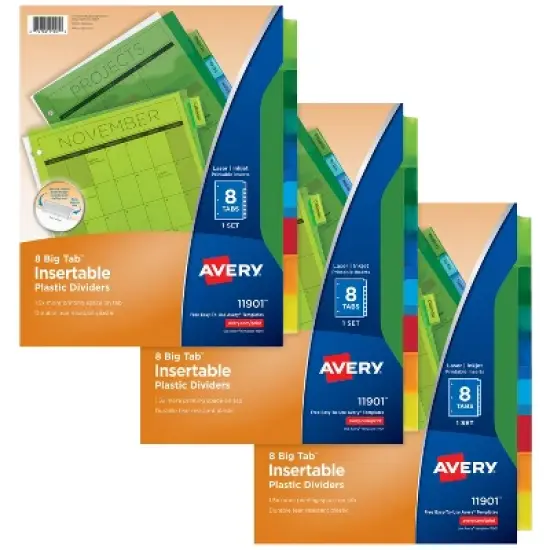 Avery Dividers for 3 Ring Binders, 8-Tab Binder Dividers, Plastic Binder Dividers, Insertable Big Tab, Multicolor, 3 Sets (71901) image {8}