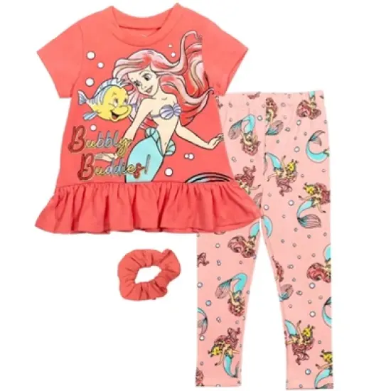 Disney Minnie Mouse Princess Frozen Little Mermaid T-Shirt Leggings and Scrunchie 3 Piece Outfit Set Infant to Big Kid image {9}