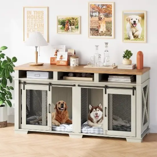 COZONY 71 Inch Dog Crate Furniture for 2 Dogs with Sliding Barn Door TV Stand Kennel 3 Storage Compartments, White image {6}