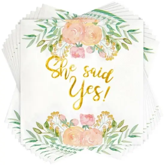 Sparkle and Bash 50 Pack Gold Foil She Said Yes Napkins for Engagement Party Supplies, Bridal Shower Decorations, 3-Ply, White, 5 x 5 In image {8}