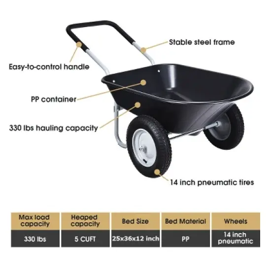 Costway 2 Tire Wheelbarrow Cart Heavy-duty Dolly Utility Cart Black image {3}