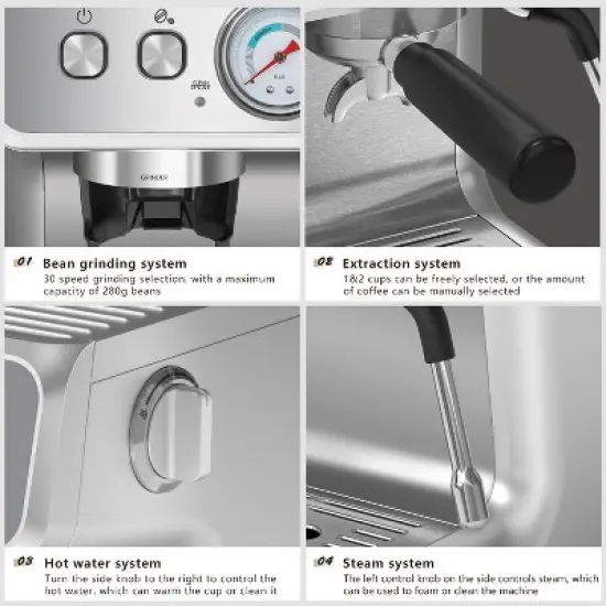 R.W.FLAME Espresso Machines with grinder, 20 Bar Professional Espresso Maker with Milk Frother Steam Wand&Removable Water Tan for Home,Stainless Steel image {7}