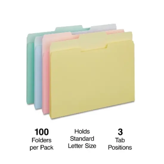 Staples Top-Tab File Folders 3-Tab Letter Assorted Pastel Colors 100/BX TR459684/459684 image {1}