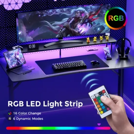 GTRACING 55 Inch Gaming Desk with LED Lights & Power Outlet, Computer Gamer Desk with Monitor Stand, Headphone Hook & Mouse Pad image {2}