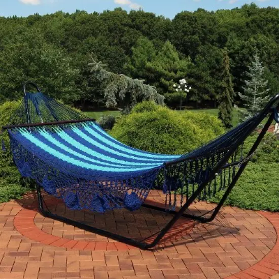 Sunnydaze Heavy-Duty Deluxe Hand-Woven Cotton American-Style Mayan Hammock with Spreader Bars - 770 lb Weight Capacity - Blue image {3}