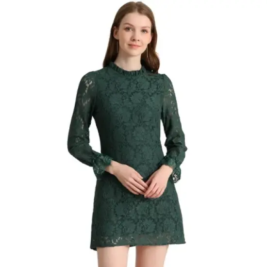 Allegra K Women's Ruffle Crew Neck Formal Elegant Mini Floral Lace Dress image {19}