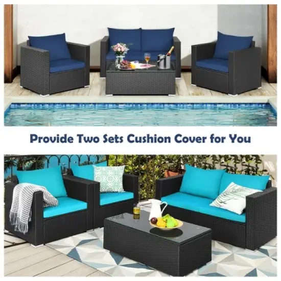 Costway 4PCS Patio Rattan Furniture Set Cushioned Sofa Loveseat with Navy & Turquoise Cover image {5}