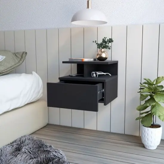 NicBex Modern Floating Nightstand with Drawer,Wall Mounted Bedside Table with 2 Open Shelves,Space-Saving Night Stand for Bedroom,Bedroom Furniture image {6}