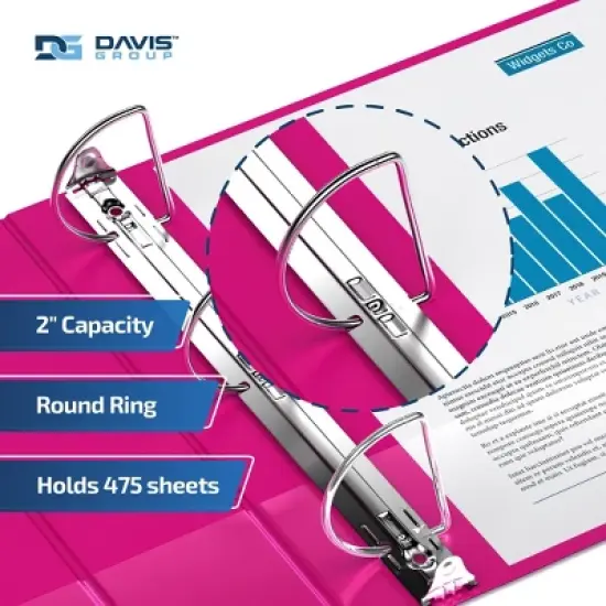 Davis Group 6pk 2" Premium Economy D Ring Binders Pink: Hard Cover, 475 Sheet Capacity, Polypropylene, 2 Pockets image {2}