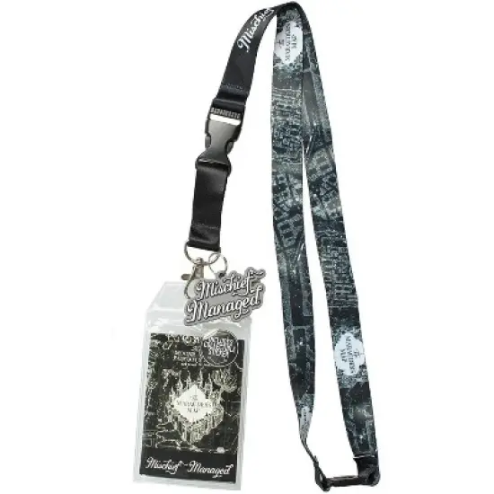 Harry Potter Mischief Managed Marauders Map ID Lanyard Badge Holder With 2" Rubber Charm Pendant And Collectible Sticker Black image {3}