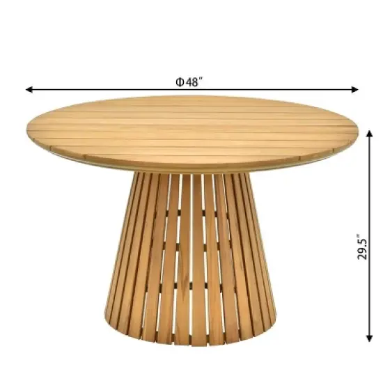 Circular Planked Wood Outdoor Dining Set 4 Ergonomic Woven Armchairs with Radial Pedestal Base image {3}