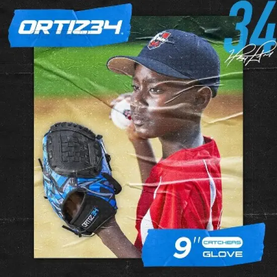 Ortiz34 9" Graffiti Youth T-Ball Glove, Right Hand Throw, Easy Close, No Break-In, Lightweight, Black/Blue image {1}