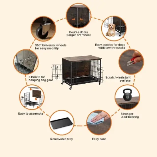 Dog Crate Furniture, 32" Dog Kennel End Table, Wooden Dog Cage with Wheels & Double Doors, Dog Crate Indoor Dog House for Large Medium Dogs image {5}