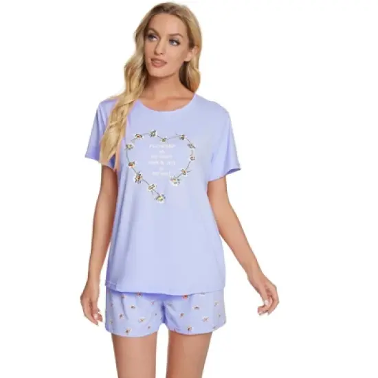 cheibear Womens Sleepwear Crew Neck Nightwear with Shorts Loungewear Pajama Set image {7}