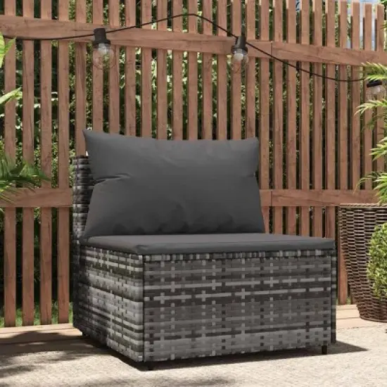 vidaXL Patio Middle Sofa Grey PE rattan, powder-coated steel, fabric image {1}